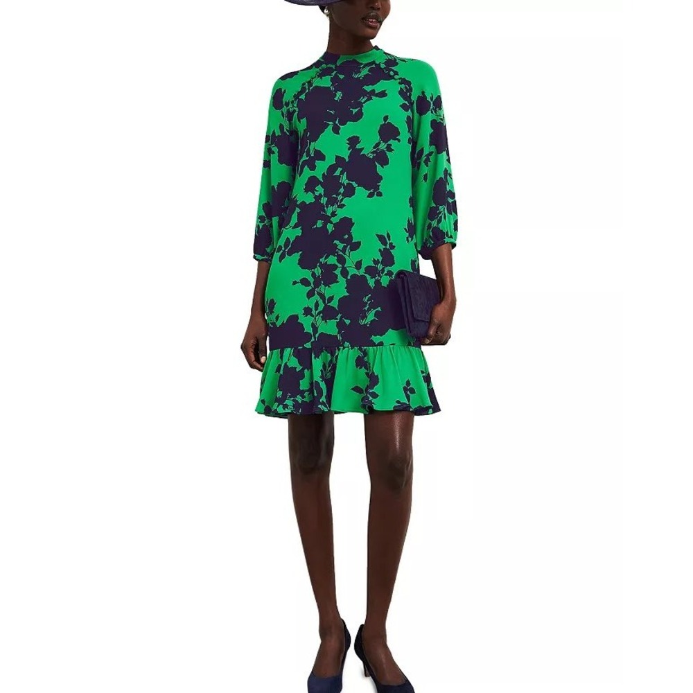 Hobbs London Floral Georgia Print Shift Dress Womens 16 Green Navy Ruffle Hem